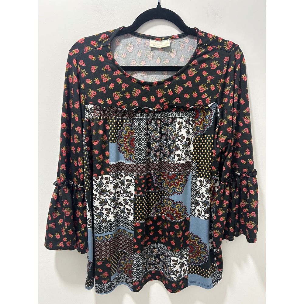 Bobbie Brooks Womens XL Patchwork Floral Paisley Bell Sleeve Blouse Multi Color